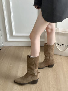 XUJIA | Thick Sole Belt Buckle Plied Mid-Calf Boots for Women