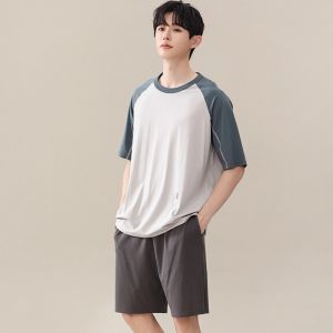 MiiOW | ชุดนอนผ้าไหมน้ำแข็งแขนสั้นสำหรับผู้ชาย ฤดูร้อน 2025 ชุดนอนลำลองแบบสวมหัว ทรงหลวม แขนสั้น ผ้าฝ้ายผสมโพลีเอสเตอร์