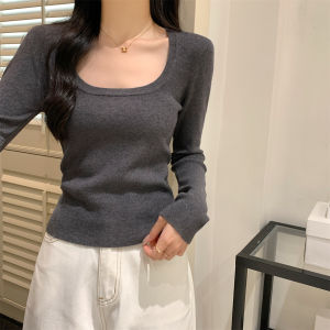 เสื้อชั้นในถักคอเหลี่ยมทรงเข้ารูปสำหรับผู้หญิง ฤดูใบไม้ผลิ 2025 แขนยาว สไตล์เกาหลี ปกติ สีสันสดใส คอกลม แขนยาว