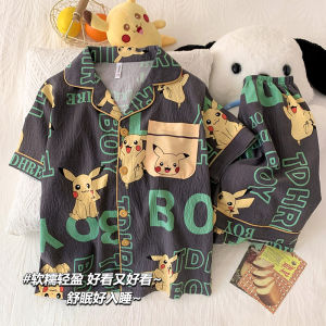 Boys Summer Sleepwear Thin Pure Cotton Short Sleeve Home Clothes Set Cartoon Print Loose Fit Comfortable Breathable Nightwear
