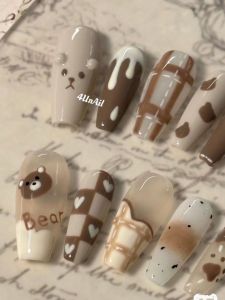 2024 New Cartoon Bear Wear Nail Long Plaid Nail Beauty White Nude Color Series Finished Product Nail Shaped Piece Niche Style