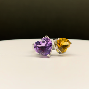 Citrine & Amethyst Heart Toi et Moi Ring (ADJUSTABLE RING)