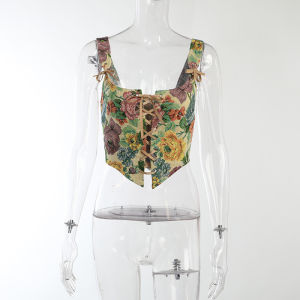 Printed U-Neck Sling Waist Cinching Strap Tie-Dye Halter Neck Crop Top Womens Fashion Summer Thin Fabric Street Style Short