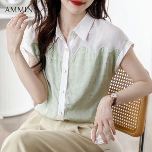 เสื้อแขนสั้นผ้าชีฟองคอปกแบบสามมิติสำหรับผู้หญิง เสื้อเบลาส์แขนแร็กแลนกระดูมแถวเดียวเย็บปะติดเสื้อเบลาส์หรูหราสไตล์เกาหลี