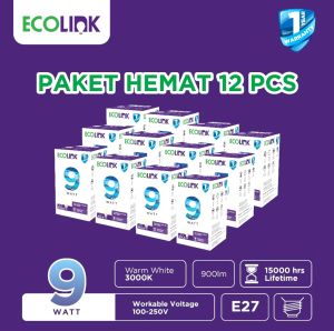( PAKET HEMAT ISI 12 PCS ) Ecolink Lampu Bohlam LED Bulb 9W 9 WATT Warm White 3000K Kuning Bergaransi 1 Tahun BAGUS KUALITAS TERBAIK