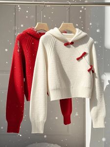 Soft White Hooded Knitted Sweater with Button Design Womens Fashion Commute Style Regular Fit Long Sleeve Warm Woolen Top