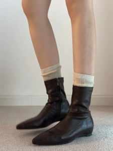 CAIZINI | Leather Pointed Toe Hidden Heel Side Zip Elastic Skinny Short Boots