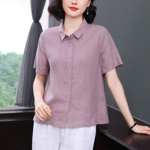 2023 New Pure Linen Shirt Women Short Sleeve Summer Thin Casual Loose Versatile Top High Collar Button up Casual Shirt