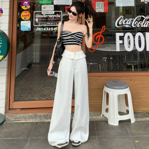 PVJ White Bamboo Node Wide Leg Jeans Womens Loose Slim High Waist Straight Floor-Length Pants Casual Style Cotton Blend