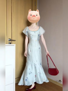 Big Sale Plus Size Ladies Retro Light National Style Blue Print Dress Womens Summer Exquisite Slimming Long Dress