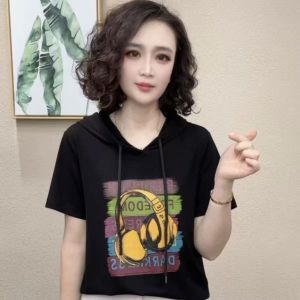 HUAXUNRAN | Áo Thun Tay Ngắn Có Mũ Trùm Đầu Cho Phụ Nữ Trung Niên Mùa Hè