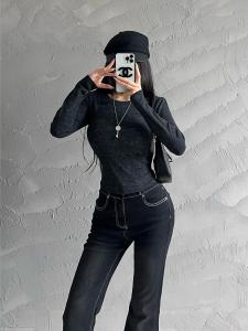 Y 141200.00G-Side Waist-Tight Slim Looking Ruched Blooming Long Sleeves T-shirt Womens New Inner Wear Stylish Bottoming Shirt Short Top