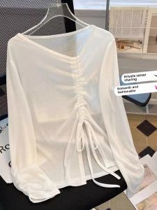 Long Sleeve T-Shirt Cover up Women Summer Design Sensible Chic Drawstring Waist Slimming Lightweight Top Air Collar