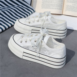 Womens Canvas Shoes Breathable Mesh Hollow out Thick Bottom Thin Style Spring Summer Versatile Cross Buckle Korean Version White Sneakers
