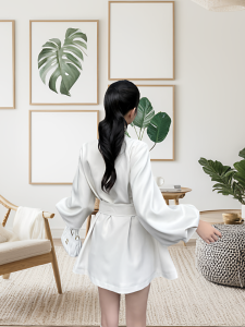 เสื้อสูทแขนโคมไฟคอป้านสไตล์ฝรั่งเศสสำหรับผู้หญิง ฤดูใบไม้ร่วงปี 2025 เสื้อแจ็คเก็ตยาวปานกลางรัดเอว ซิป แขนยาว สีพื้น