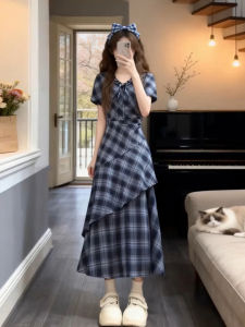 NIUVIES | French Blue Checkered Summer Mini Dress Pinched Waist