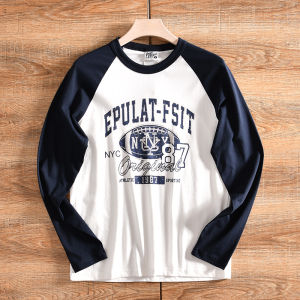 Washed Lightweight Fleece+ Skin-friendly Breathable Mens American Retro Color Block Long Sleeve Autumn Winter Casual Base T-shirt