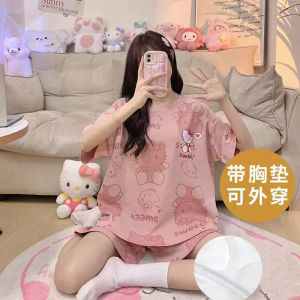 Kitty Cat Sleepwear with Chest Pad Summer New Short Sleeve Thin Briefs Cartoon Home Clothes Two-Piece Set for Girls