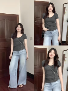 plus Size Womens Korean Style Grey U-Neck Show Clavicle Short Sleeve T-Shirt Sweet And Spicy Girl Simple Top for Summer