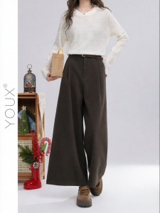 YOUXIANG | Quần Tây Cao Gót Chân Rộng Pha Len Casual