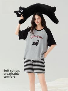 Miiow | Cat Person Summer Sleepwear Womens Pure Cotton Short Sleeve Shorts 7A Antibacterial Dust Mite Proof Ladies Home Clothes Outdoor Wearable