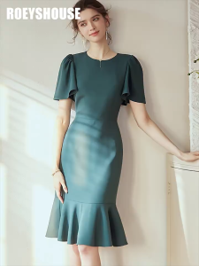 Đầm Xanh Lá Dáng Ôm Tay Ngắn Cách Điệu / Váy Nữ Công Sở Thanh Lịch Phong Cách Hàn Quốc