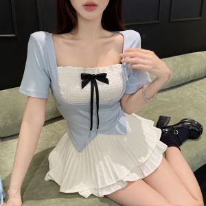 GUZILIAN | French Style Sweet Color Block Butterfly Knot Top Womens Pure Desire Summer Two-Piece Set White Cake Pleated Skirt Ensemble