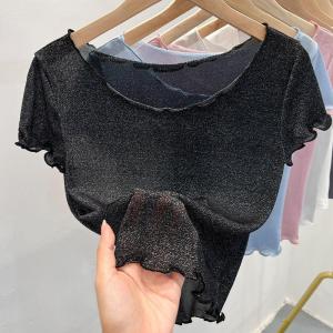 Áo Lưới Cổ Lớn Tay Ngắn Cho Nữ Áo Sơ Mi Lót Trong Áo Vest Ngắn Áo Sơ Mi Cổ Tròn Dáng Rộng Mùa Hè 2022 Áo Chui Đầu