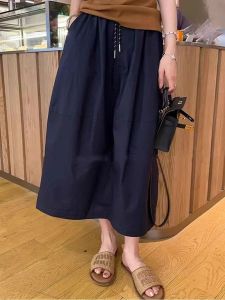 French Style Pleated Half Skirt Womens Thin Summer New High Waist Loose Drawstring Slimming Midi A-Line Skirt