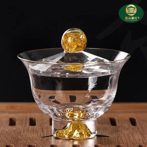 Gold-Leafed Glass Cover Bowl Tea Set High Borosilicate Crystal Cup Green Turquoise Three-Axis Cover Bowl Japanese Style