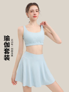 New Fitness Running Set Womens Sportswear Yoga Tennis Outfit Anti-Exposure Skirt Pants Running Bra Set Summer Short Sleeve
