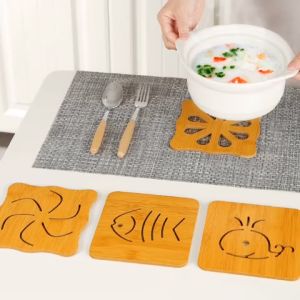 Combo 3 Miếng Lót Nồi Bằng Gỗ Cách Nhiệt Chống Trượt Hoạ Tiết Nhiều Hình Φ 15Cm Tiện Dụng