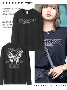 Áo Thun Tay Dài in Hình Bướm Màu Đen Lisa Oversize Cổ Tròn Rộng Rãi Thường Ngày Bằng Cotton Phong Cách Đường Phố Mỹ