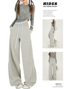 กางเกงวอร์มทรงตรงสีเทาหลวมๆ สำหรับผู้หญิง Hides กางเกงขายาวลำลองสไตล์อเมริกันฤดูใบไม้ร่วง/ฤดูหนาว กางเกงขายาวทรงตรง