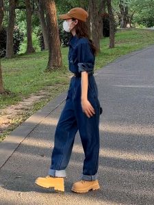 High Waist Denim Overalls Womens Spring Autumn Loose Casual High End Feeling Straight Leg Long Pants Fashionable Commute