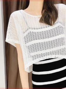 ชุดเดรสยาวแขนสั้นปักลูกไม้ ชุดคลุมไหล่ฤดูร้อน ชุดเสื้อกั๊กถัก เส้นใยโพลีเอสเตอร์ ความยาวปานกลาง