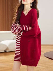 Laziness Style Loose V-Neck Sweater Red Year 2025 New Year Irregular Stripes Mid-Length Top Commute Warmth Long Sleeve
