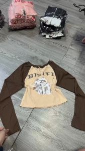 🍒🍒🍒ÁO THUN NỮ CROPTOP TAY DÀI PHỐI MÀU BE IN HÌNH MÈO CƯNG CH11