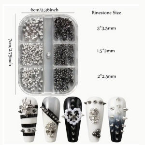 6 Grids Multi-Size Silver Black 3D Cone Spike Nail Charms Punk Gothic Rivet Studs Nail Art Decoration Accessories