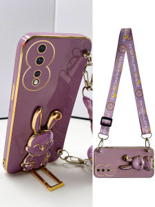 Cute Rabbit Honor 80 Phone Case with Stand Silicone Anti-Fall Protection Full Lens Cover Soft Shell Crossbody Hanging Rope GT