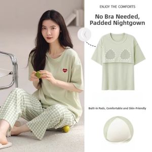 Miiow | Pure Cotton Sleepwear Three-Piece Set With Chest Pad Womens Short Sleeve Summer Outfit MiiOW Cat Person Comfortable Home Clothes