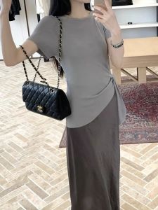 YUEZHONGWEI | Gray Ice Silk Knitted Short Sleeve T-Shirt Women Summer Unique Beautiful Waist-Cinching Belt Design Sensation Top