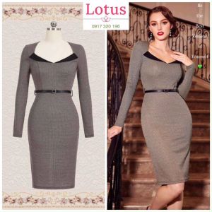 Lotus] Đầm Kiểu Pháp Hoạ Tiết Houndstooth Kèm Thắt Lưng Sang Trọng/ Đầm Công Sở Chân Váy Bút Chì/ Đầm Dự Tiệc Tay Dài Dáng Ôm Body Đẹp