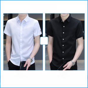 ROMON | Lormen Mens Ice Silk Short Sleeve Shirt Summer Thin Casual Professional Workwear Shirt Easy Care Youthful Polyester Blend