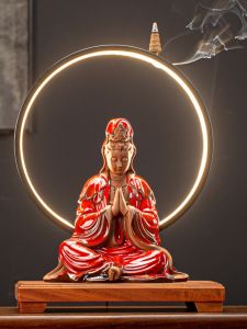 New Chinese Style Ceramic Guanyin Bodhisattva Figurine Zen Buddha Statue Home Decoration Peace Assurance Lamp Ring Living Room Desktop Offering