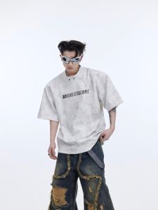 Summer Thickened Short Sleeve T-Shirt Metal Print CultureE Design Shoulder Pad round Neck Flashing Detail Casual Youth Fashion