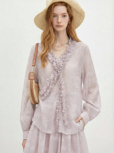 Purple V-Neck Ruffled Blouse