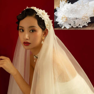 Republic of China Style Retro French-Style Bride License Veil Cap Trip Shoot Easiest for Match Minimalist Lace Flower Soft Veil Veil Photo