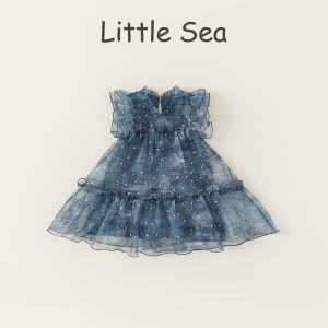 Princess Style Summer Dress for Girls with Lace Trim Mesh Skirt Flying Sleeves Sweet Style Childrens Clothing Polyester Fiber