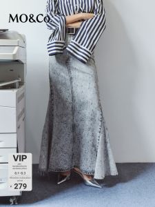 MO&Co. | Retro Washed Denim Skirt with Laser Cut Holes and Fish Tail Hem
